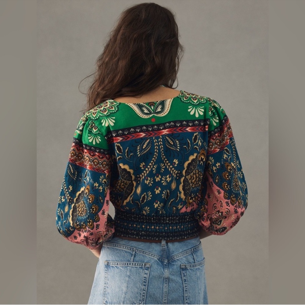 Farm Rio for Anthropologie | Deep-V Puff Sleeve Linen Blend Boho Crop Top (S) - Picture 2 of 16